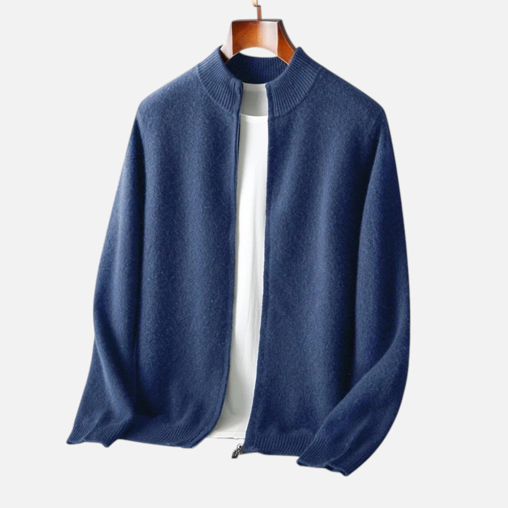 Men's Zip-Front Merino Wool Cardigan with Stand Neck