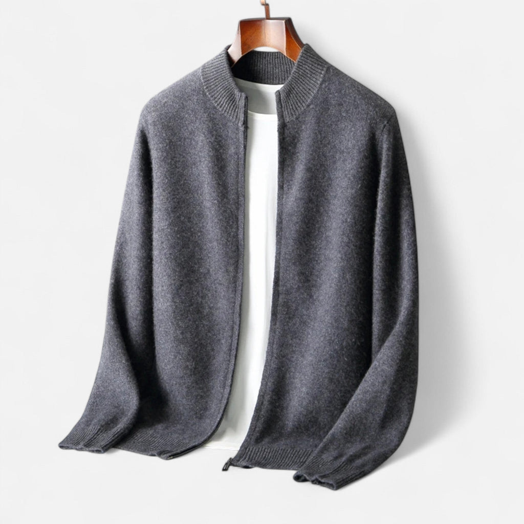 Men's Zip-Front Merino Wool Cardigan with Stand Neck