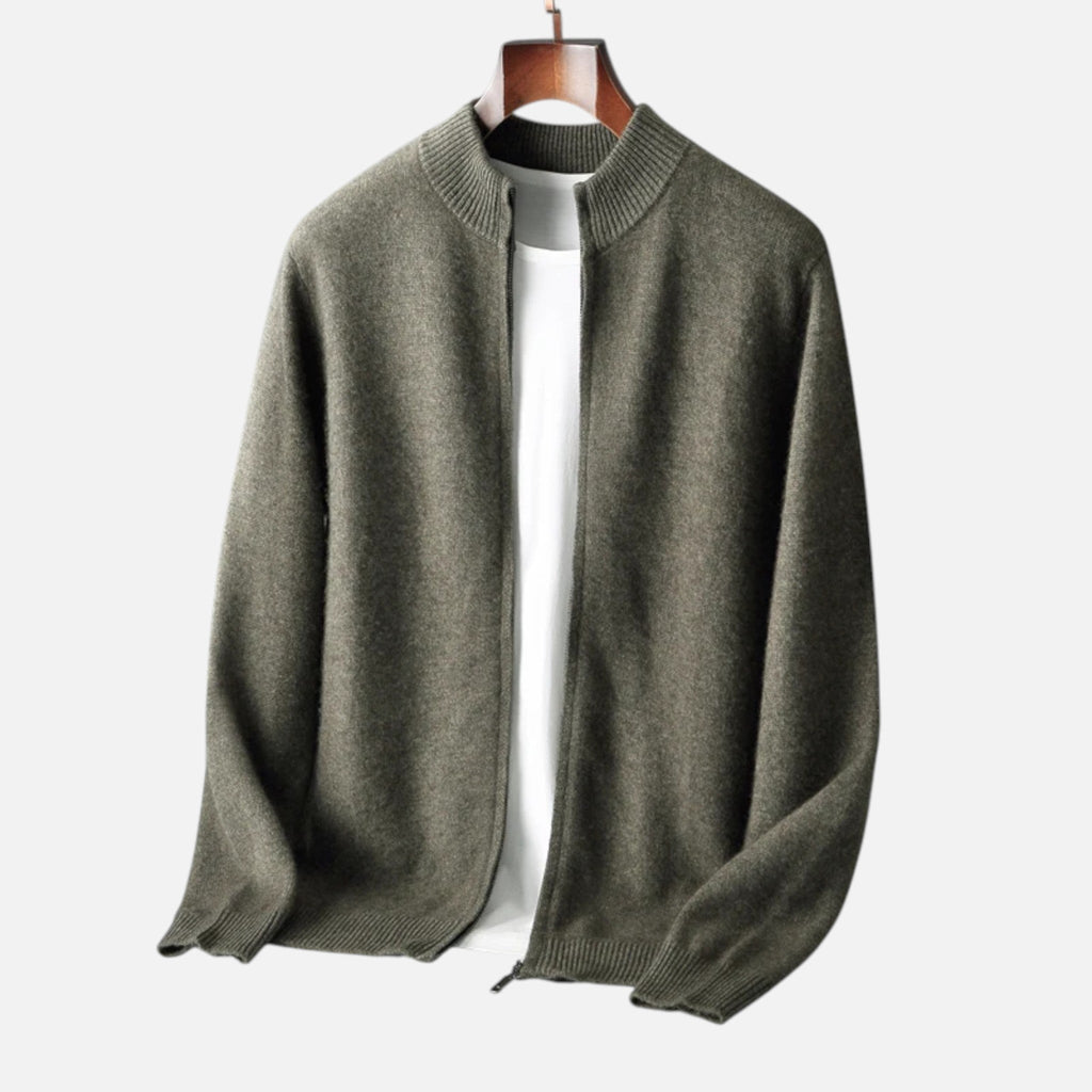 Men's Zip-Front Merino Wool Cardigan with Stand Neck