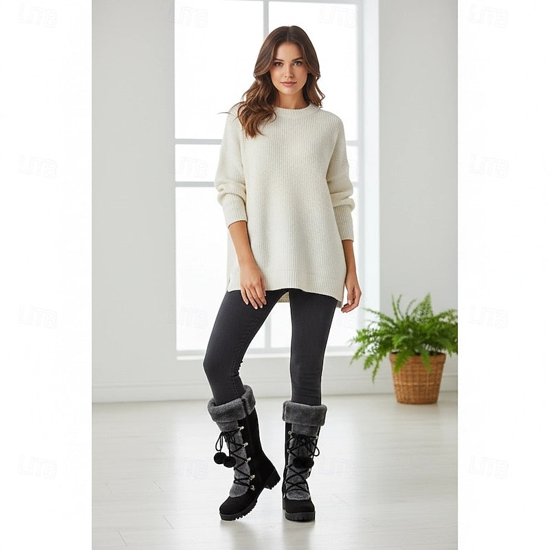 Women's Mid-Calf Winter Boots with Fur Collar and Laces