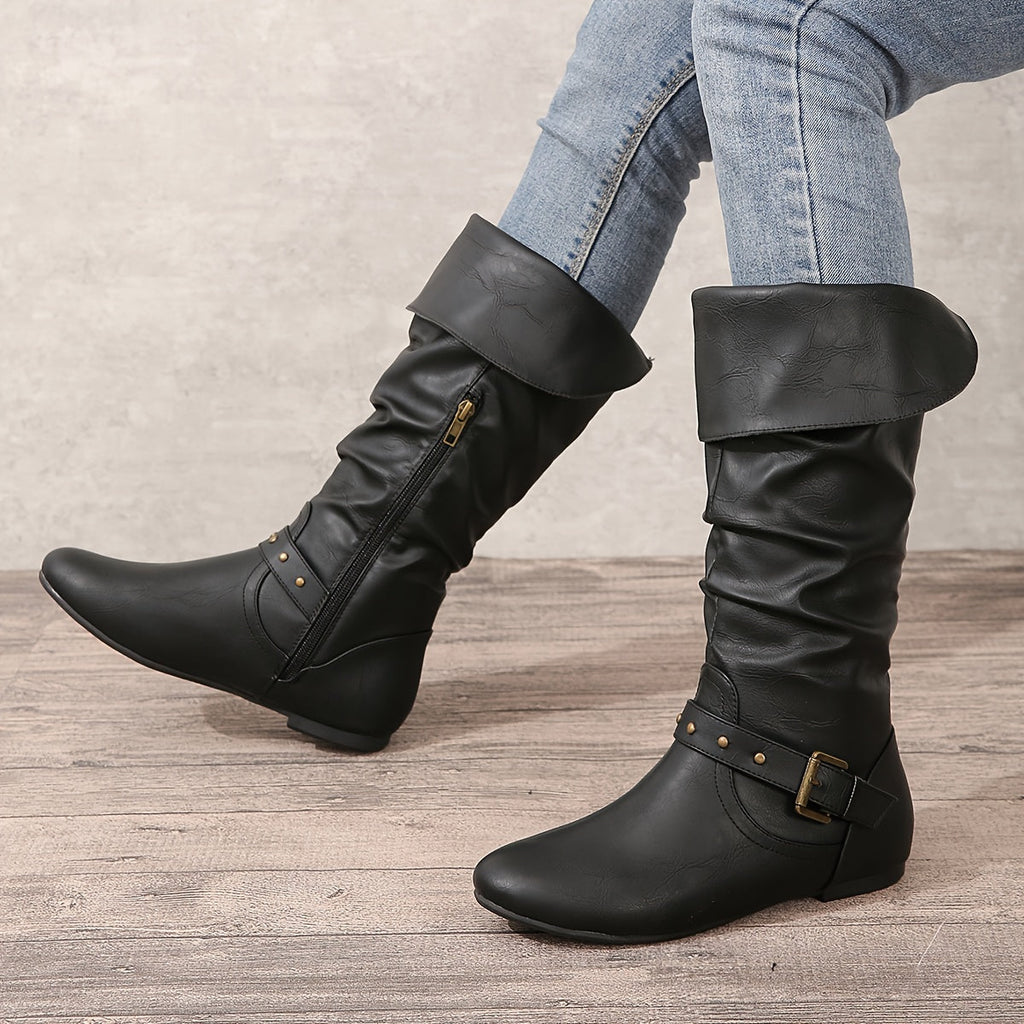 Women's Flat Sole Slouchy Knee-High Boots with Round Toe