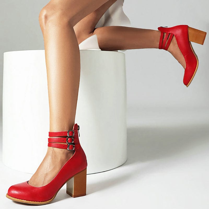Women's Three-Strap Buckled Heeled Ankle Booties