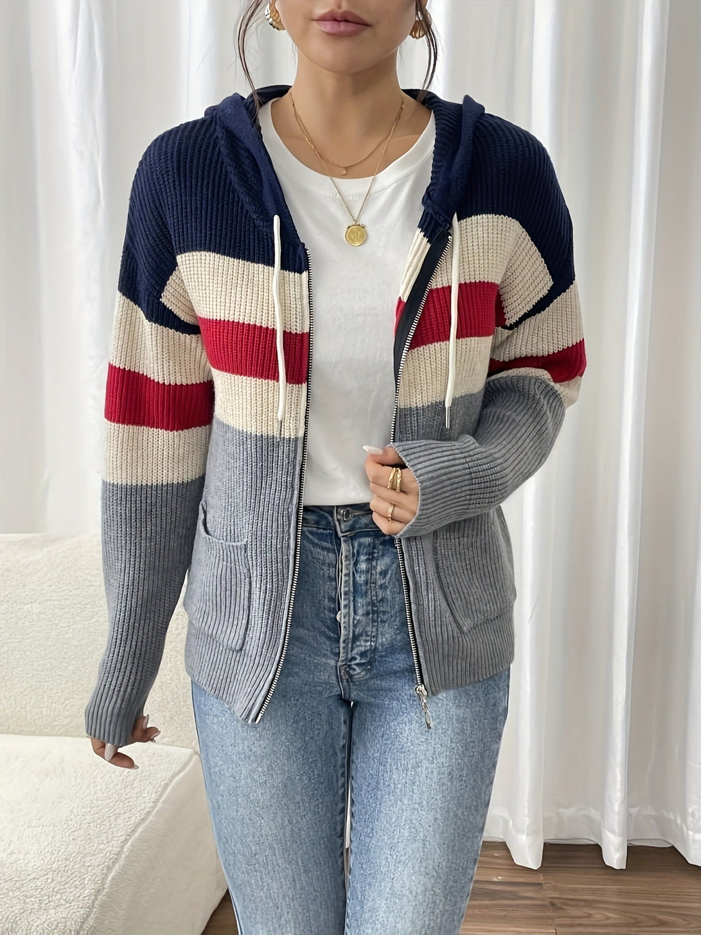 Women's Zip-Up Ribbed Hoodie Sweater Cardigan