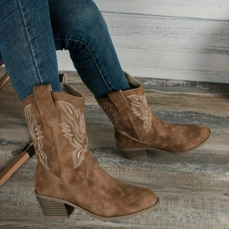 Women's Stacked Heel Wide Calf Embroidered Cowgirl Boots