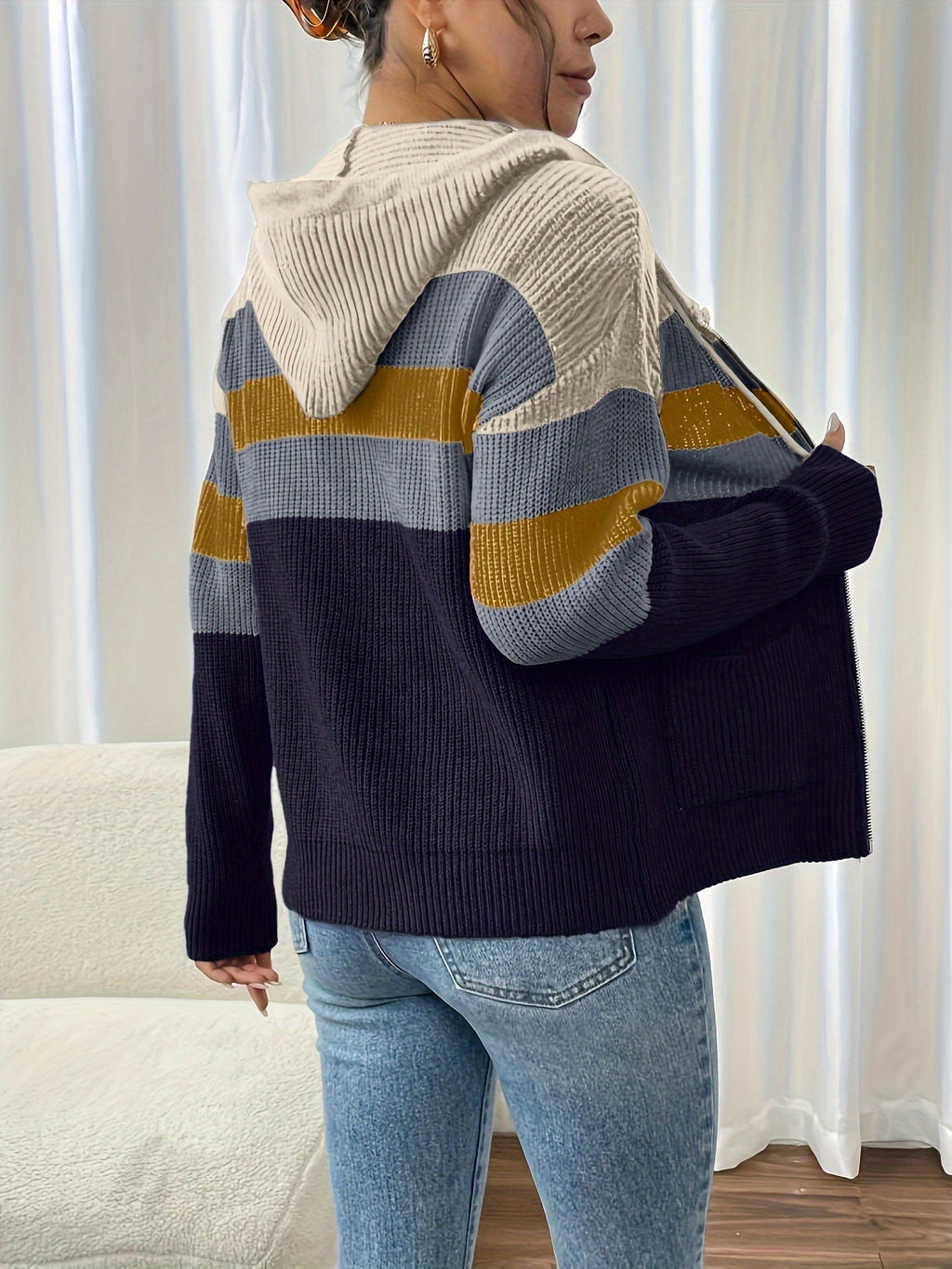 Women's Zip-Up Ribbed Hoodie Sweater Cardigan