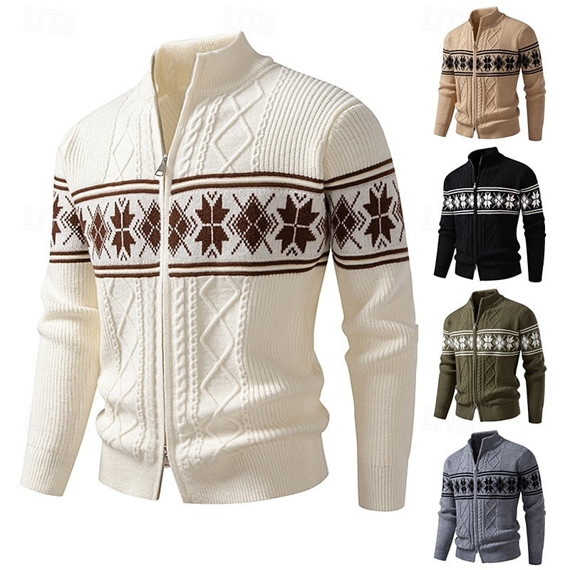 Men's Ribbed Knit Fair Isle Zipper Cardigan Sweater
