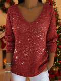 Women's Sparkly Festive Knit Sweater with V Neckline