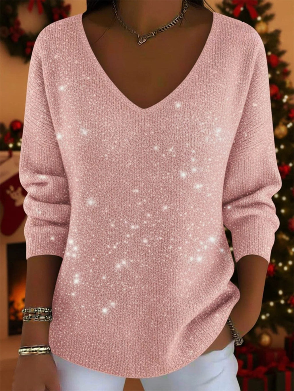 Women's Sparkly Festive Knit Sweater with V Neckline