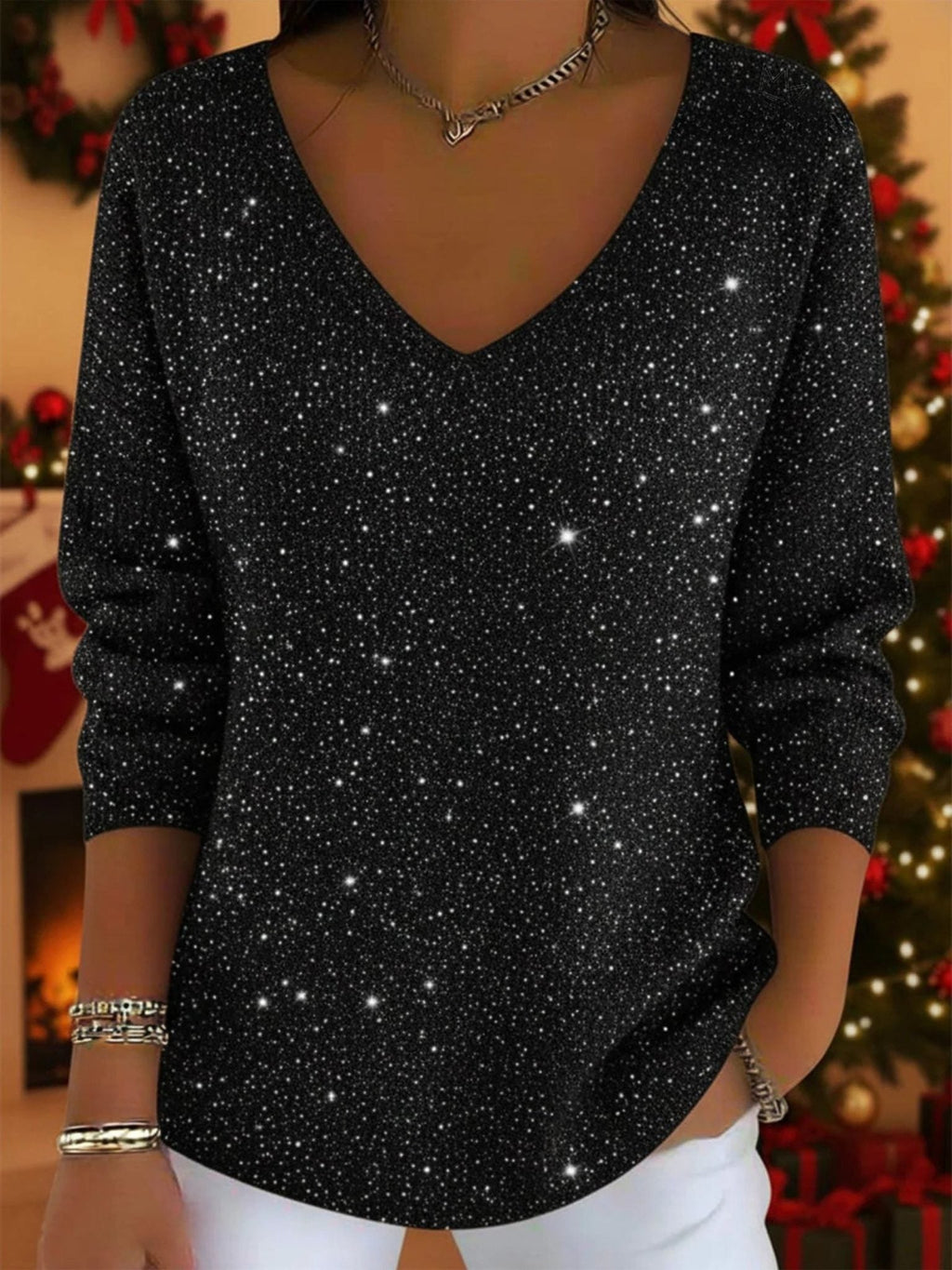 Women's Sparkly Festive Knit Sweater with V Neckline