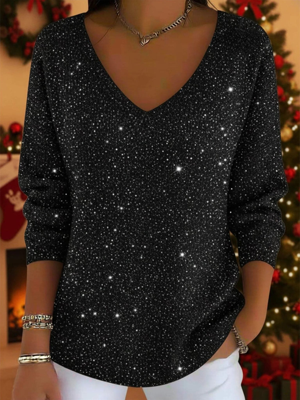 Women's Sparkly Festive Knit Sweater with V Neckline