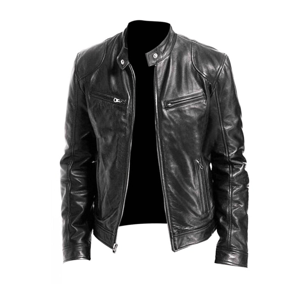 Men's Slim Band Collar Leather Café Racer Jacket