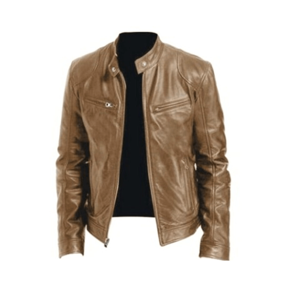 Men's Slim Band Collar Leather Café Racer Jacket