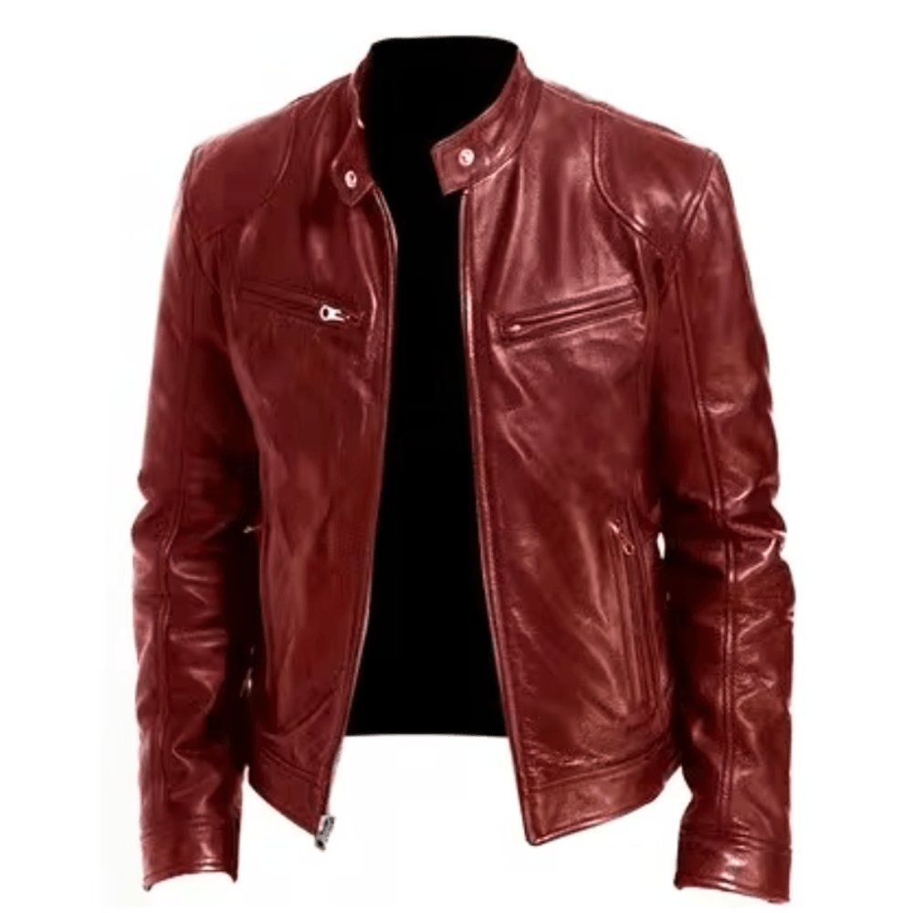 Men's Slim Band Collar Leather Café Racer Jacket