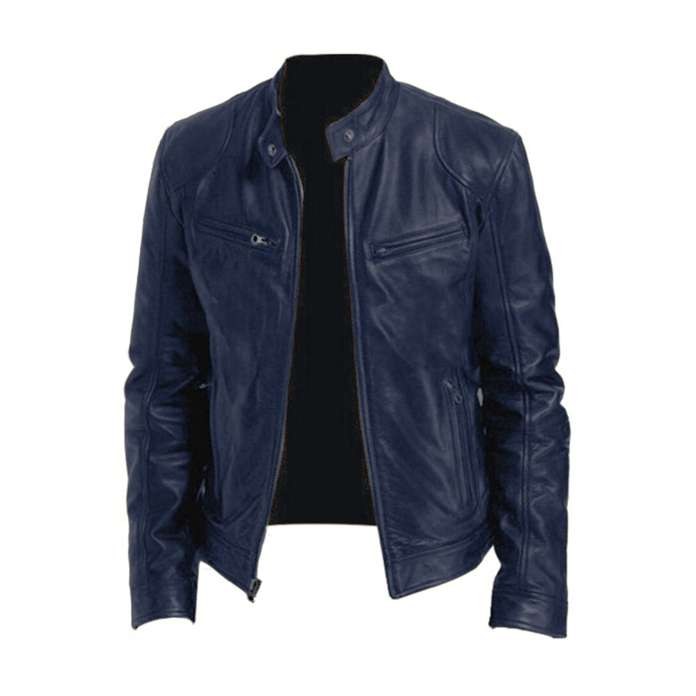 Men's Slim Band Collar Leather Café Racer Jacket