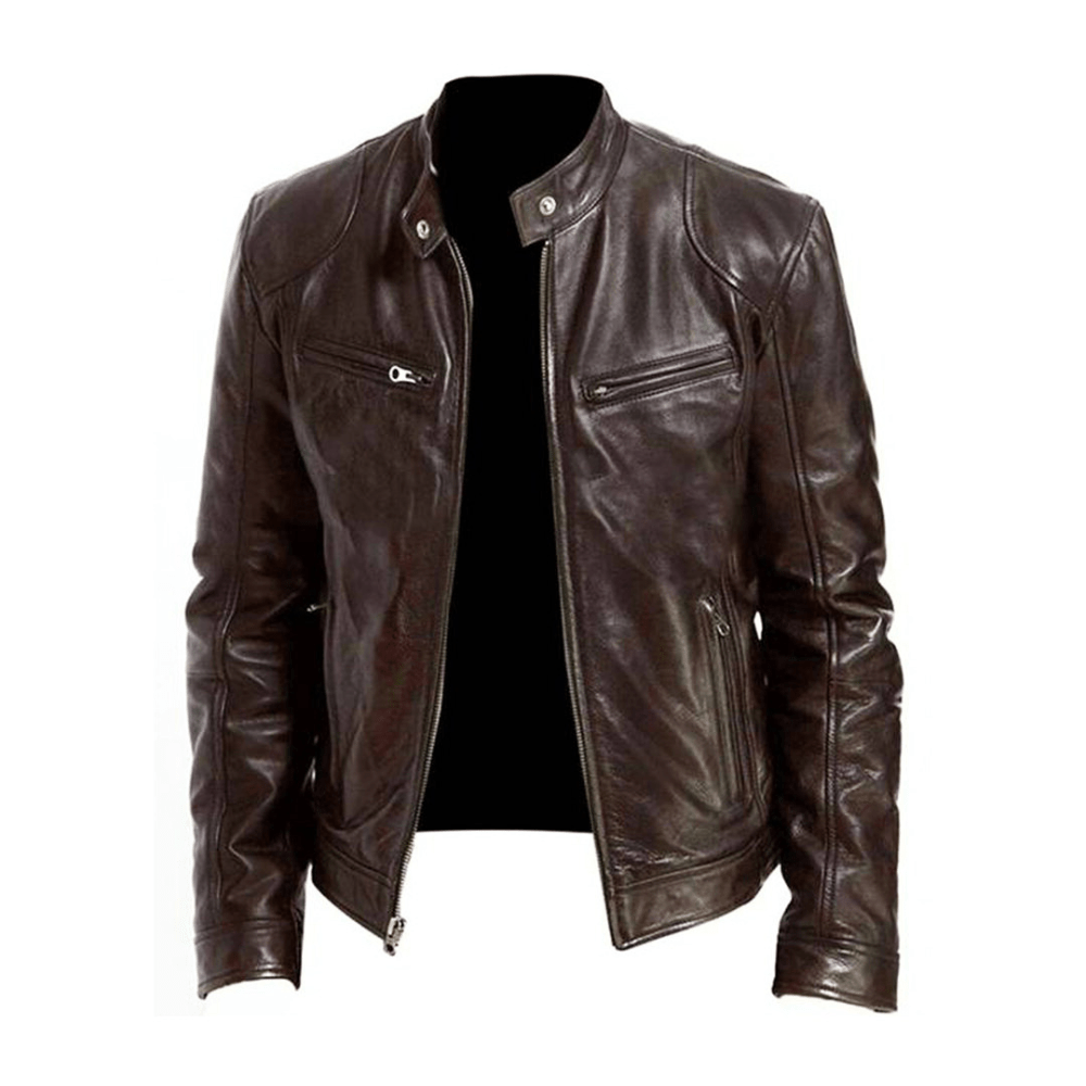 Men's Slim Band Collar Leather Café Racer Jacket