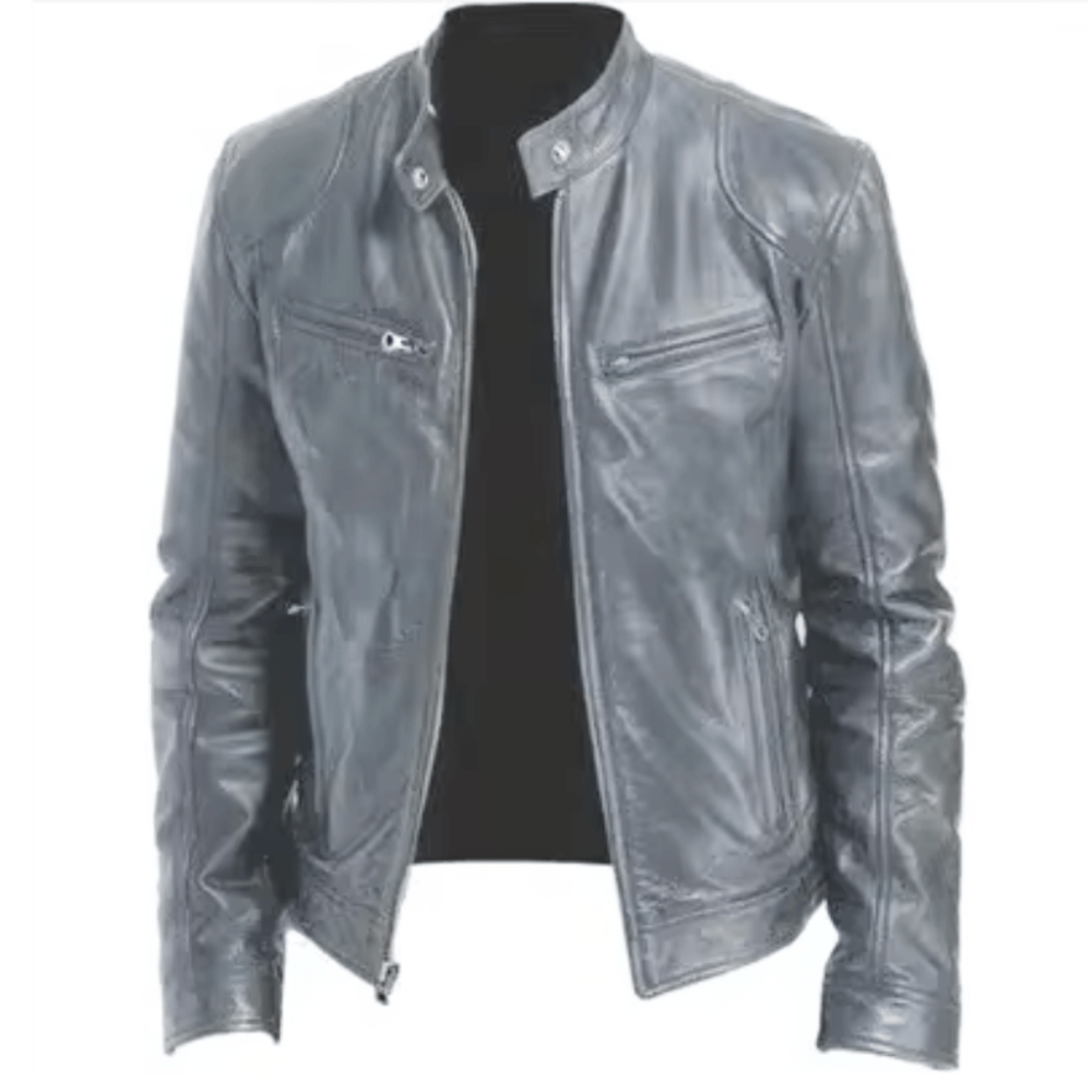 Men's Slim Band Collar Leather Café Racer Jacket