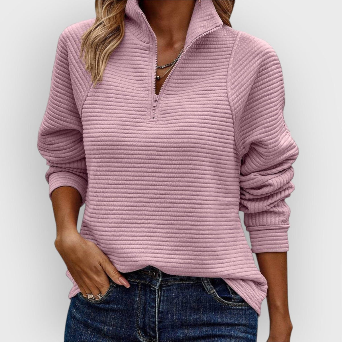 Women's Zip-Neck Ribbed Everyday V-Neck Pullover Sweater