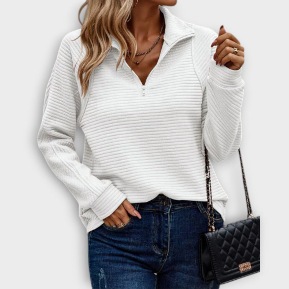 Women's Zip-Neck Ribbed Everyday V-Neck Pullover Sweater