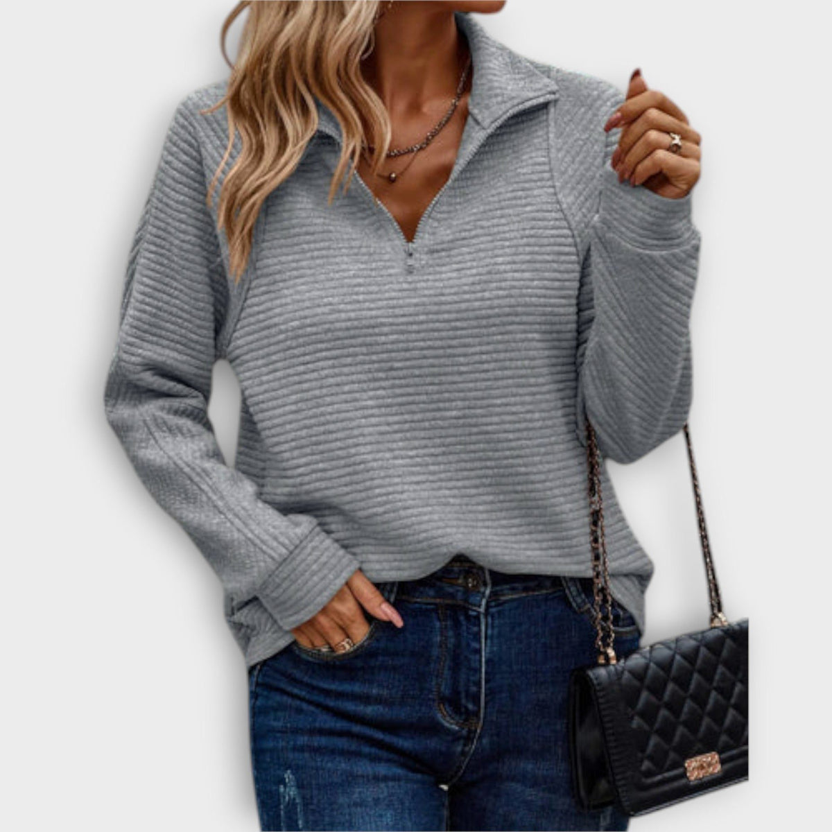 Women's Zip-Neck Ribbed Everyday V-Neck Pullover Sweater