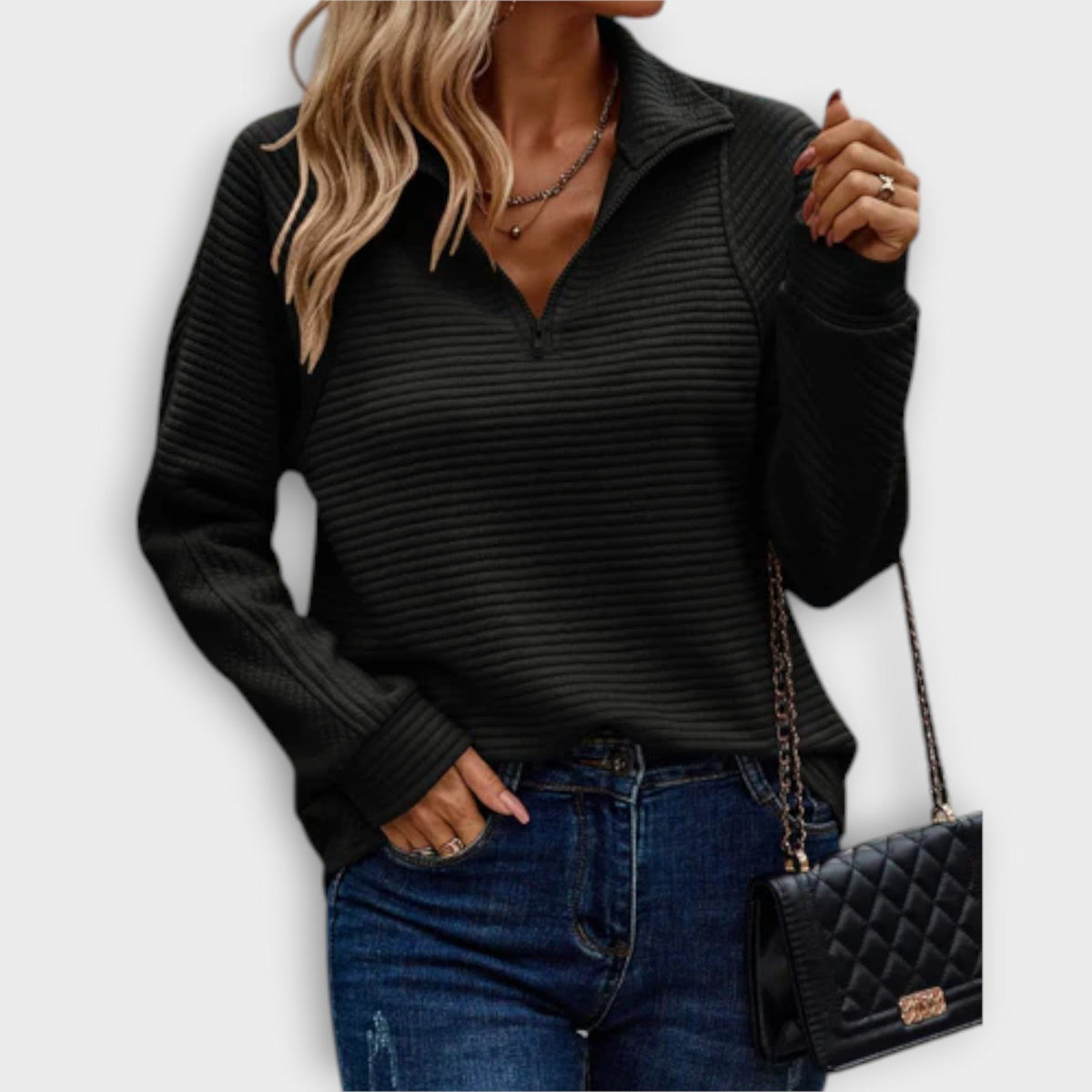 Women's Zip-Neck Ribbed Everyday V-Neck Pullover Sweater