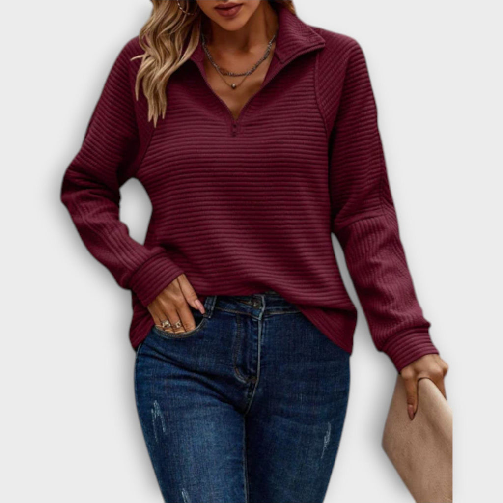 Women's Zip-Neck Ribbed Everyday V-Neck Pullover Sweater