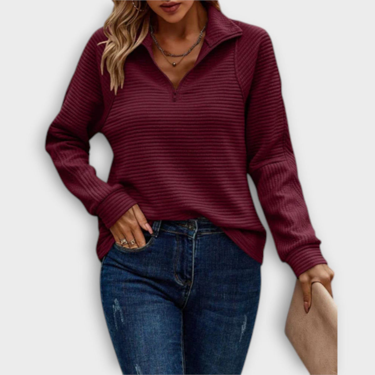 Women's Zip-Neck Ribbed Everyday V-Neck Pullover Sweater
