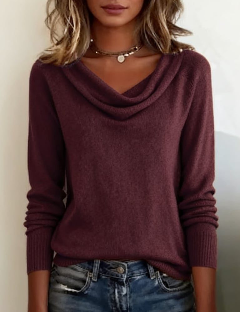 Women's Draped Cowl Neckline Rib Sweater