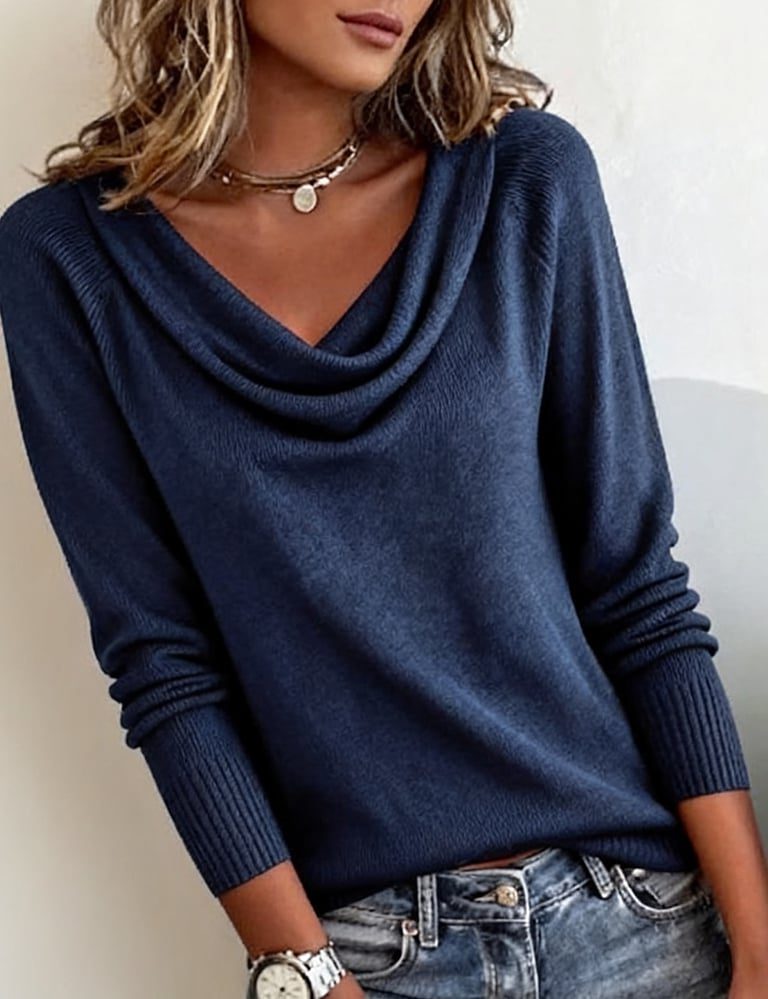 Women's Draped Cowl Neckline Rib Sweater