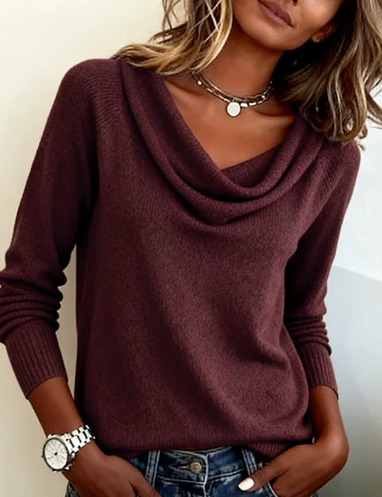 Women's Draped Cowl Neckline Rib Sweater