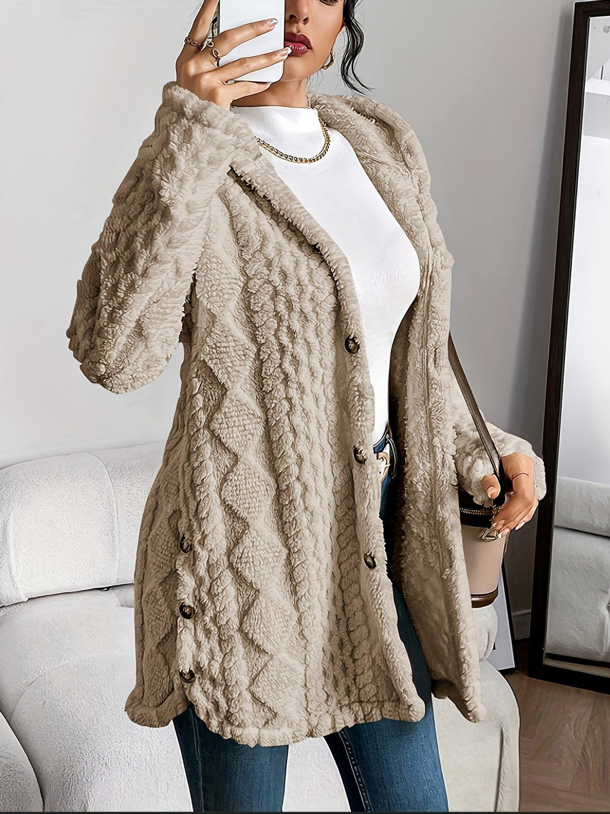 Women's Nubby Textured Loose-Fit Hoodie Cardigan