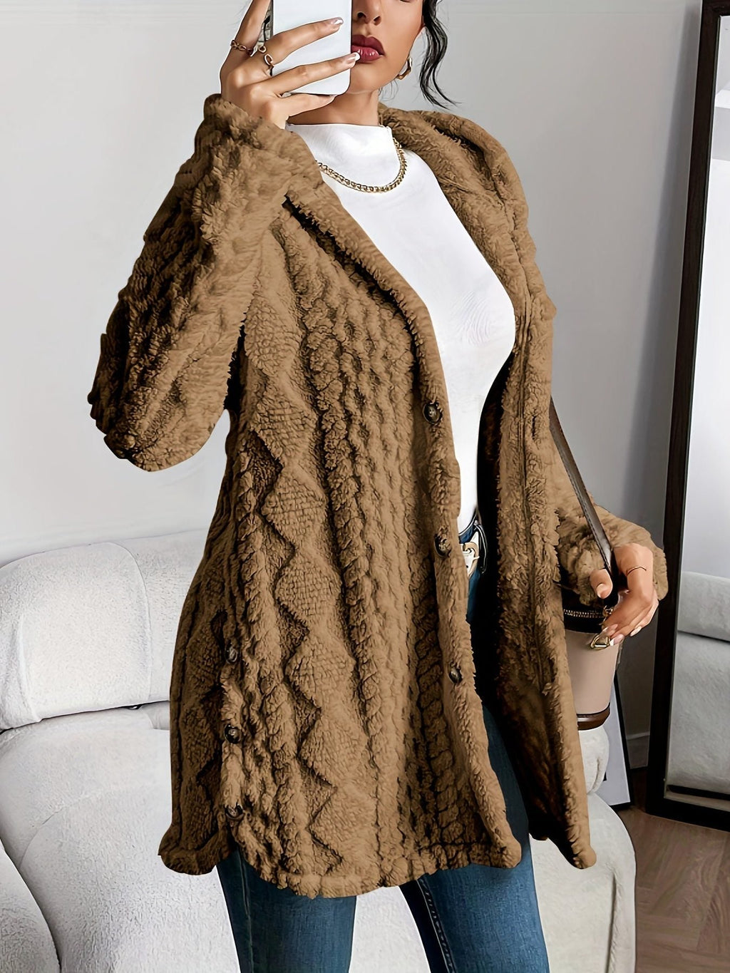 Women's Nubby Textured Loose-Fit Hoodie Cardigan