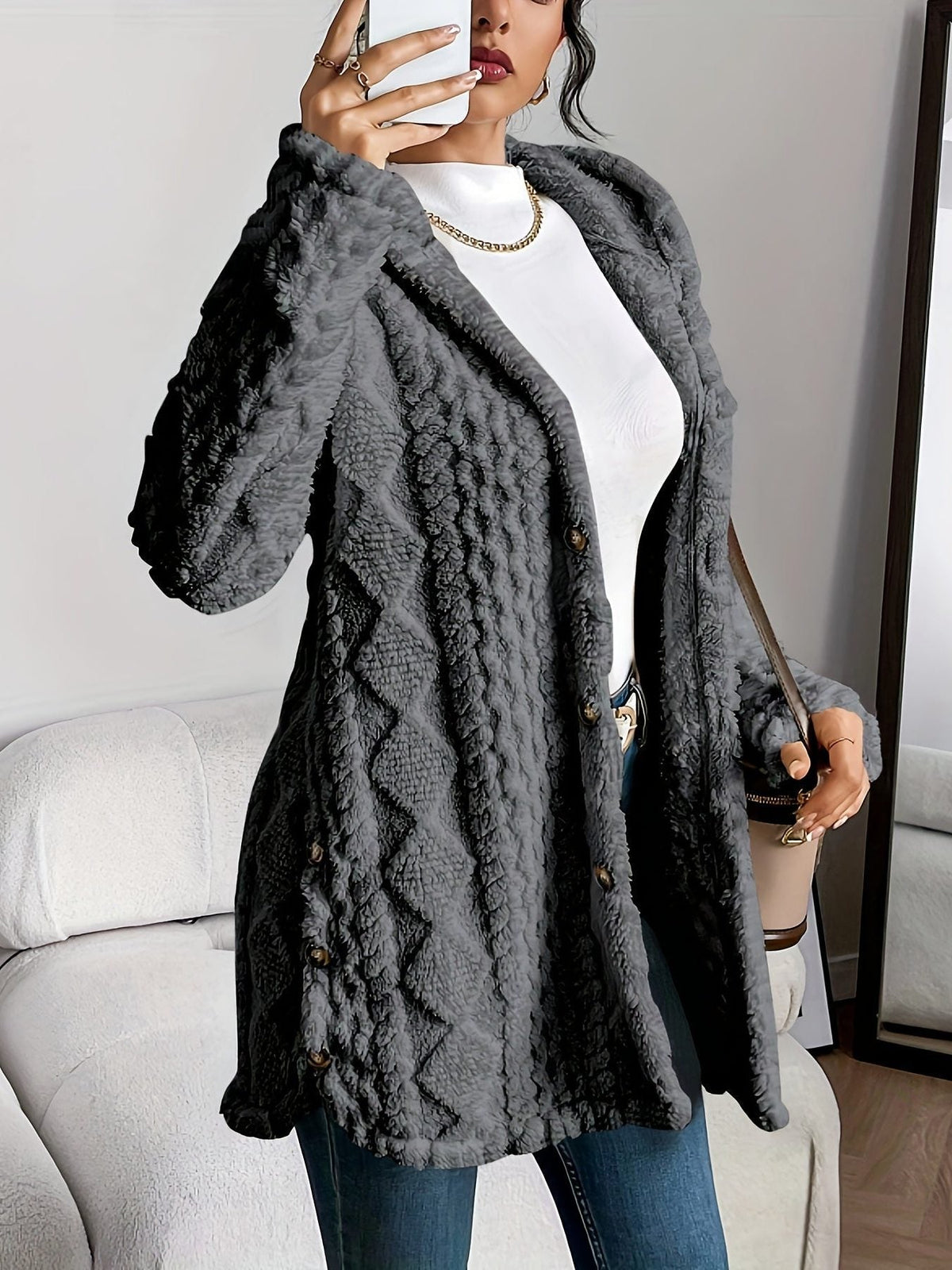 Women's Nubby Textured Loose-Fit Hoodie Cardigan