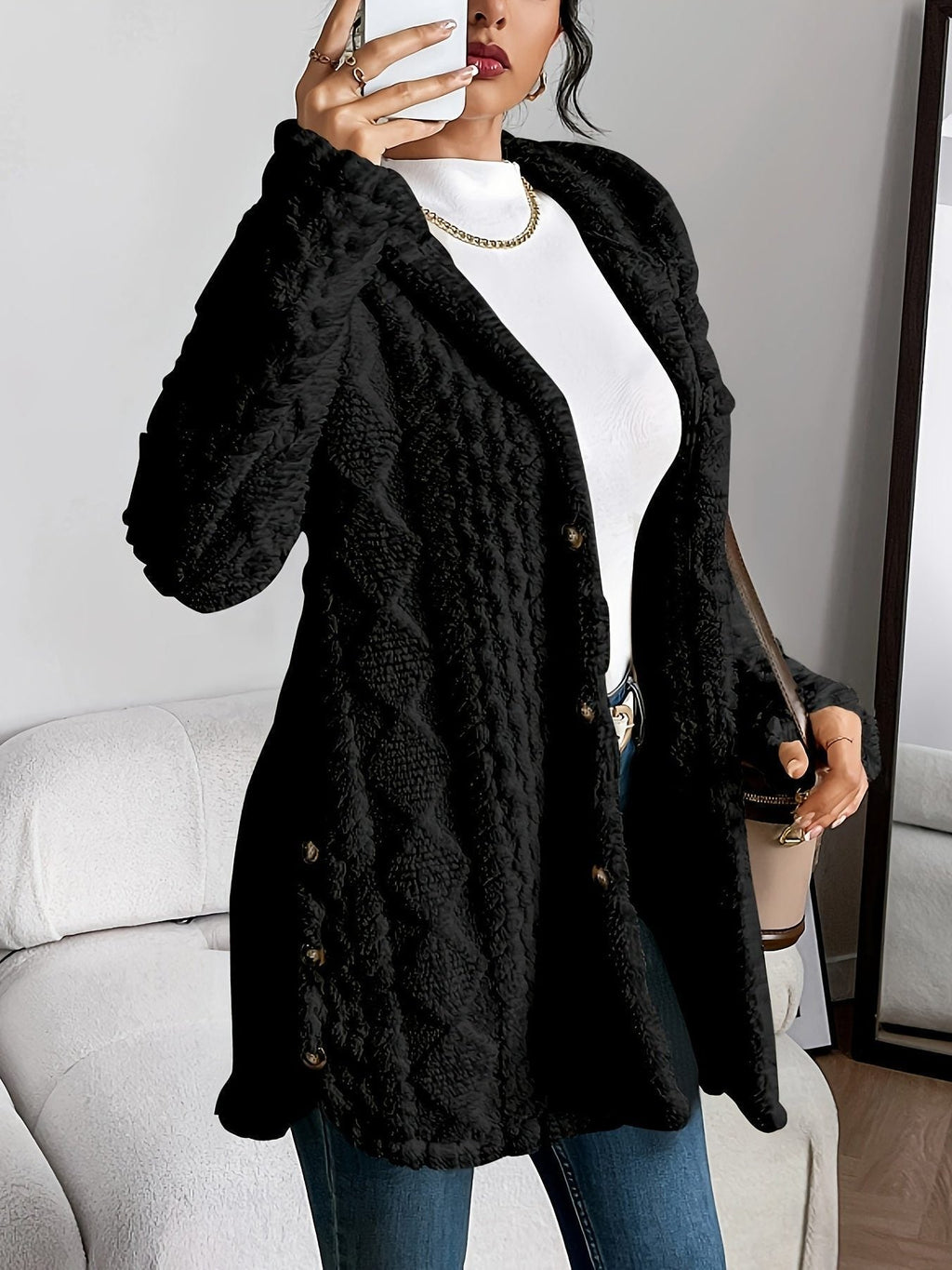 Women's Nubby Textured Loose-Fit Hoodie Cardigan
