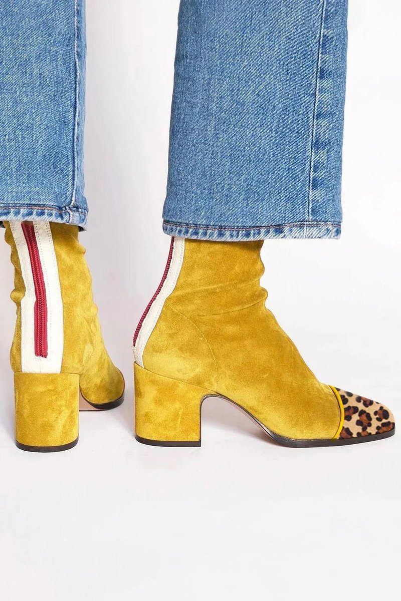 Women's Two-Tone Suede Block Heel Animal Print Toe Booties