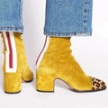 Women's Two-Tone Suede Block Heel Animal Print Toe Booties