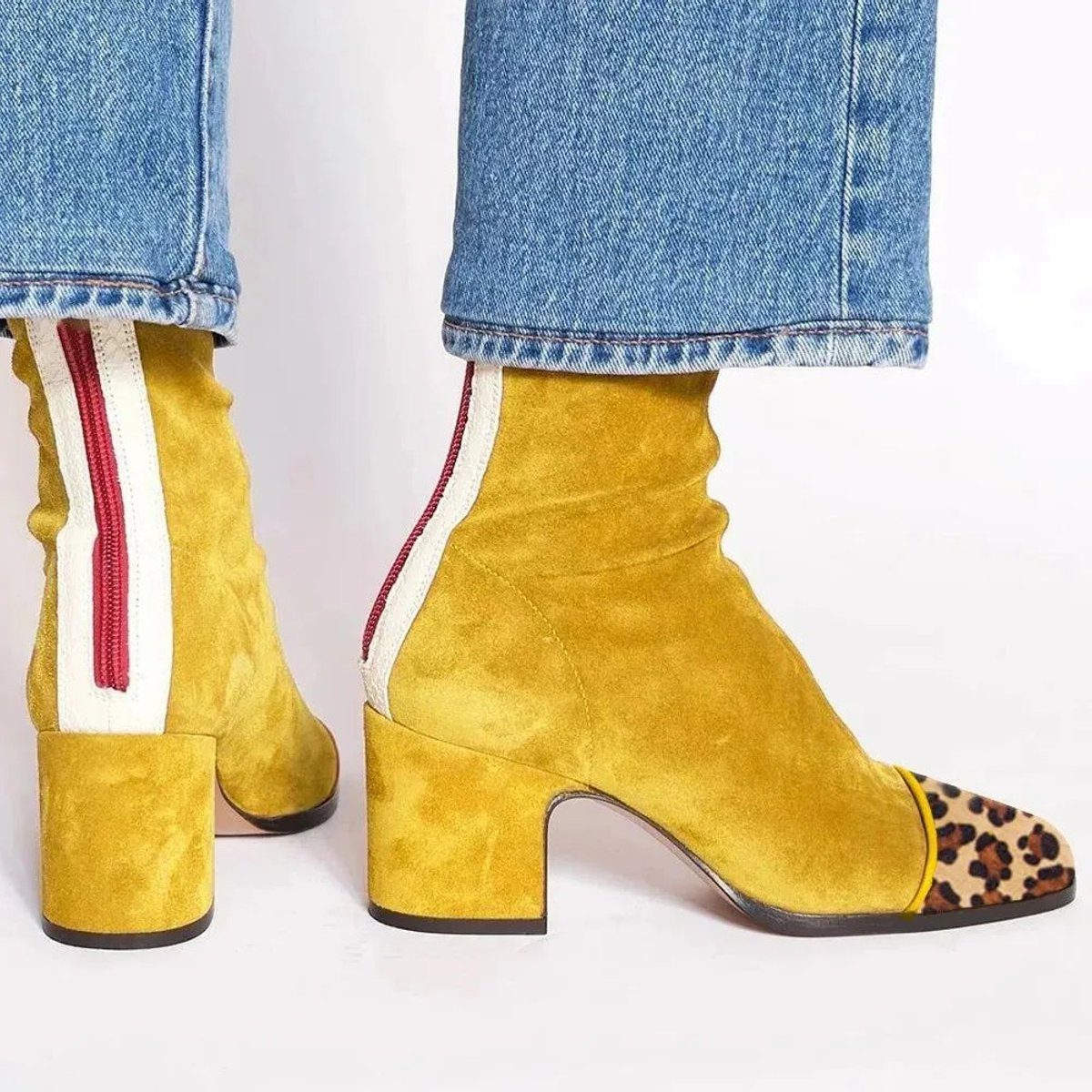 Women's Two-Tone Suede Block Heel Animal Print Toe Booties