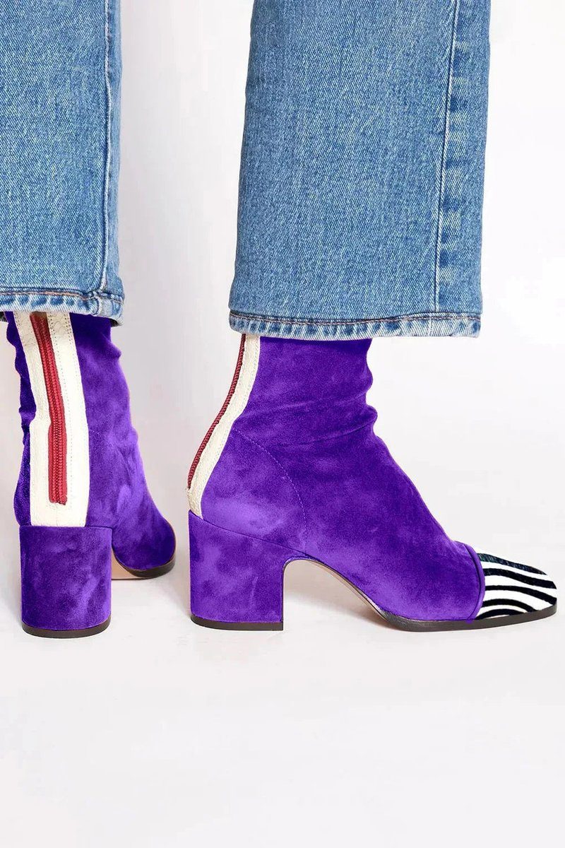 Women's Two-Tone Suede Block Heel Animal Print Toe Booties