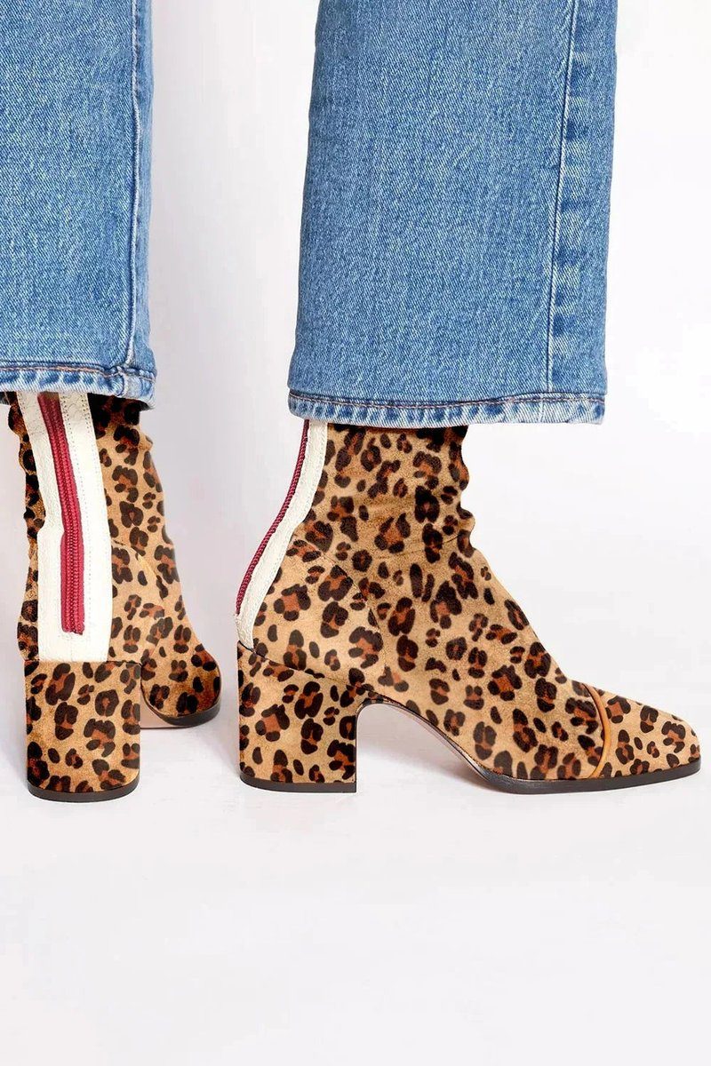 Women's Two-Tone Suede Block Heel Animal Print Toe Booties