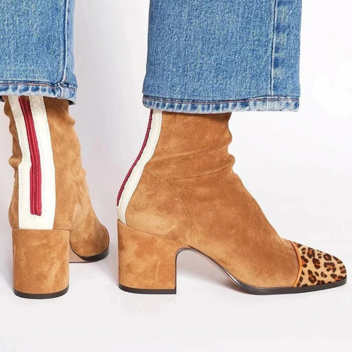 Women's Two-Tone Suede Block Heel Animal Print Toe Booties