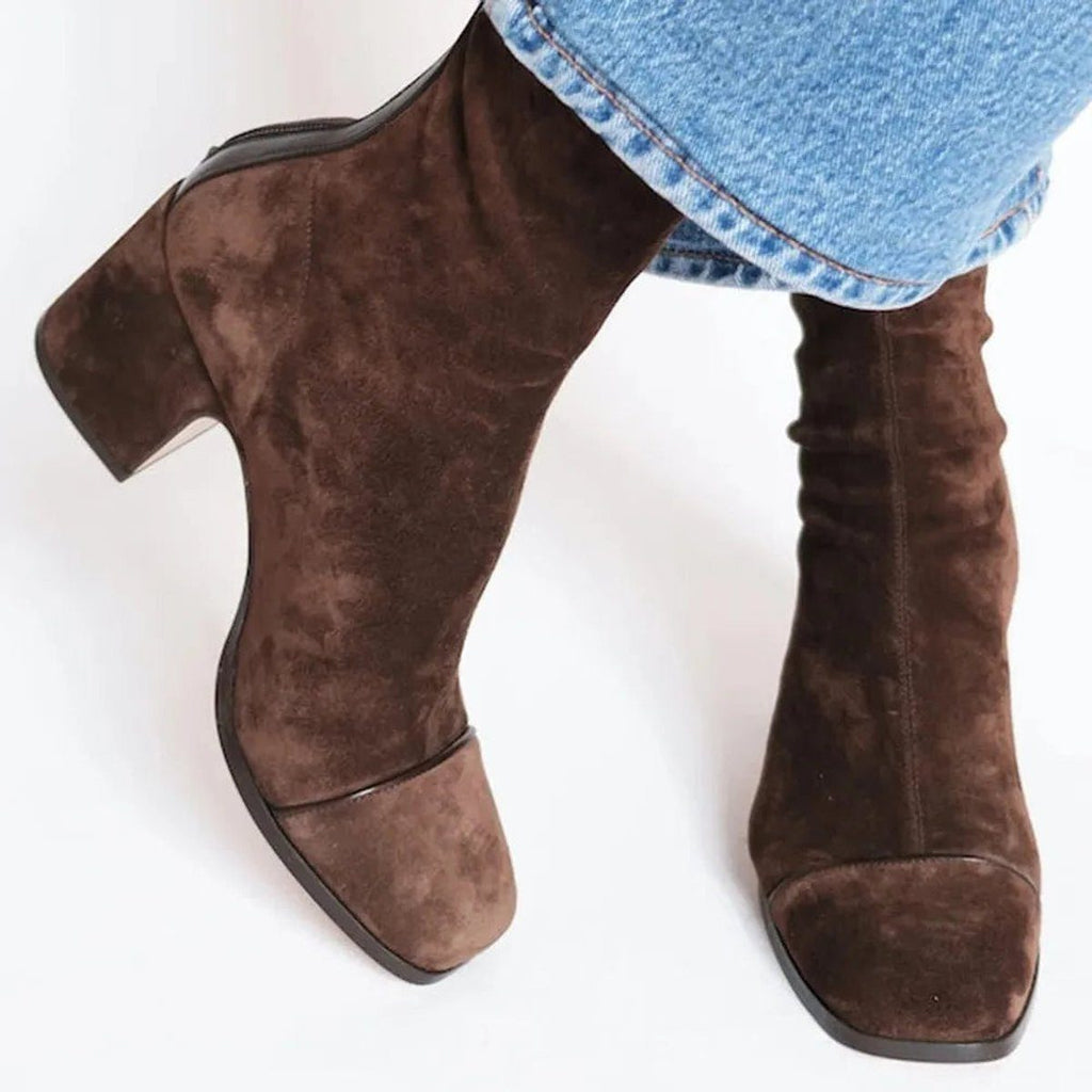 Women's Two-Tone Suede Block Heel Animal Print Toe Booties