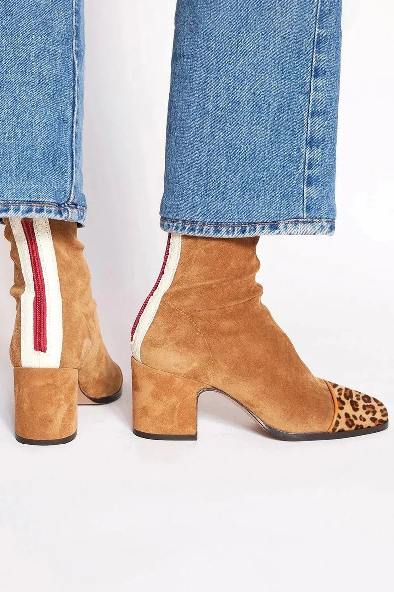 Women's Two-Tone Suede Block Heel Animal Print Toe Booties