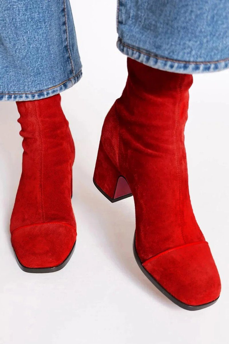 Women's Two-Tone Suede Block Heel Animal Print Toe Booties