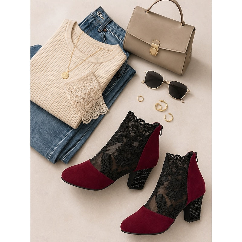 Women's Lace Overlay Heeled Ankle Booties with Floral Detail