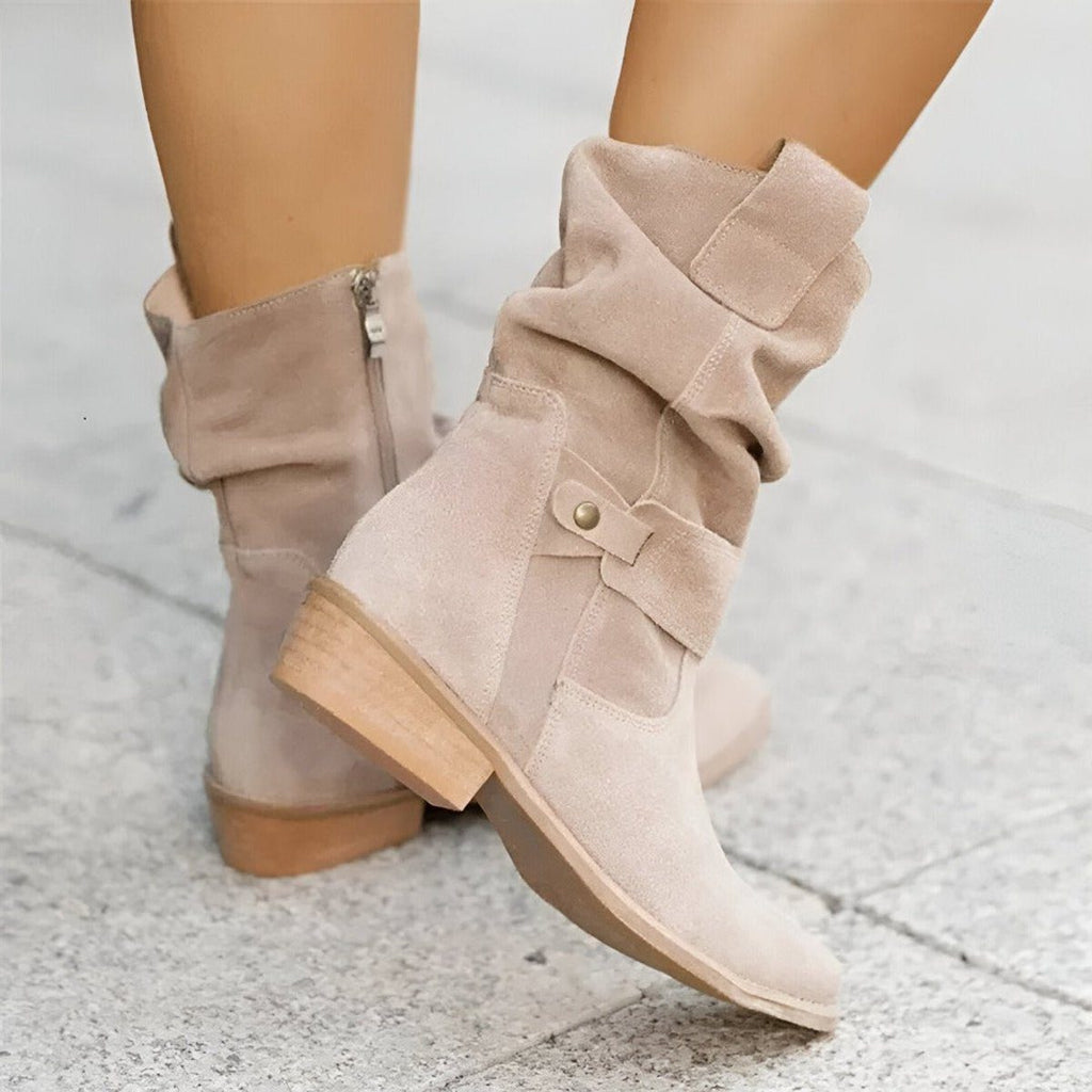 Women's Relaxed Slouch Stacked Heel Calf-Length Boots