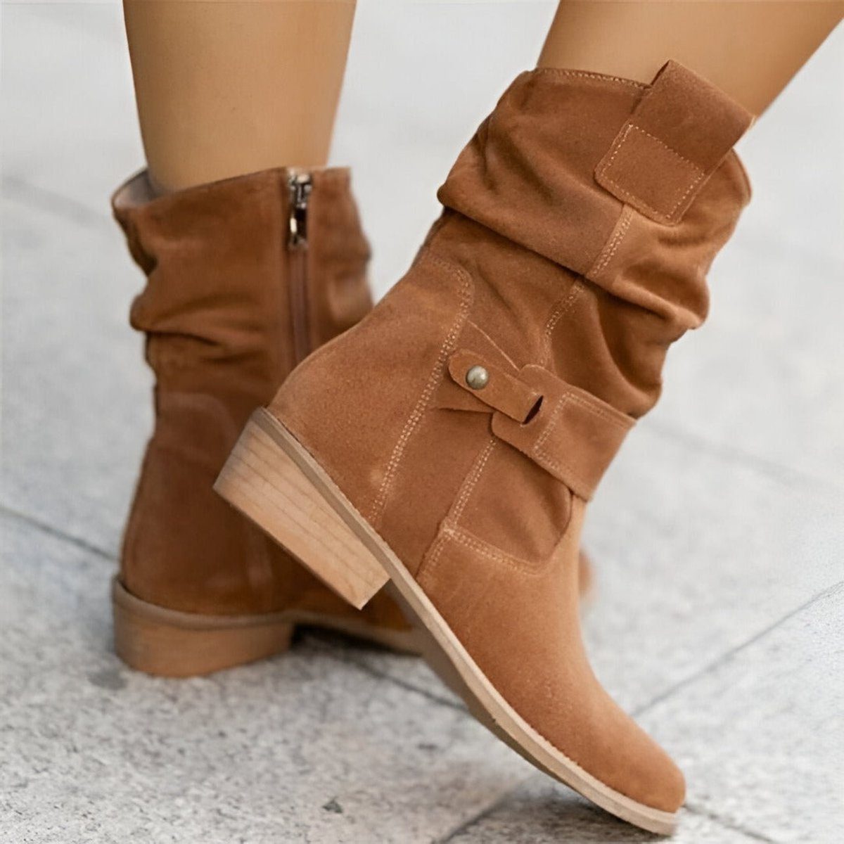 Women's Relaxed Slouch Stacked Heel Calf-Length Boots