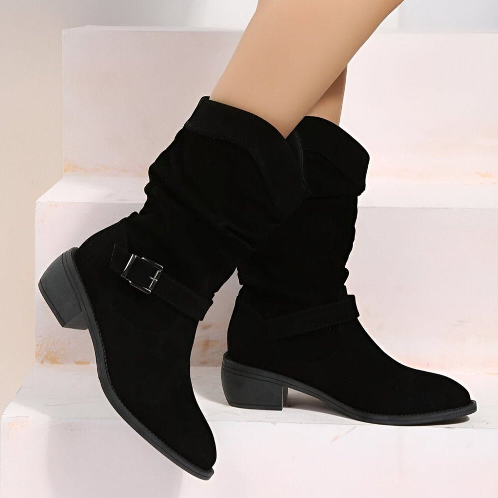 Women's Relaxed Slouch Stacked Heel Calf-Length Boots