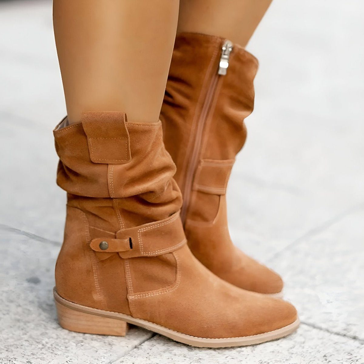 Women's Relaxed Slouch Stacked Heel Calf-Length Boots