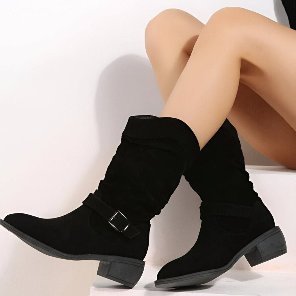 Women's Relaxed Slouch Stacked Heel Calf-Length Boots