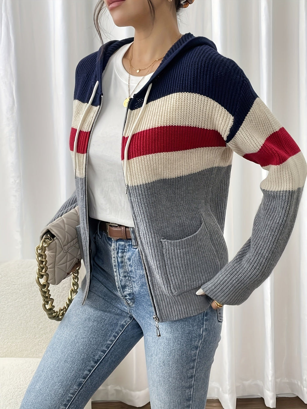 Women's Zip-Up Ribbed Hoodie Sweater Cardigan