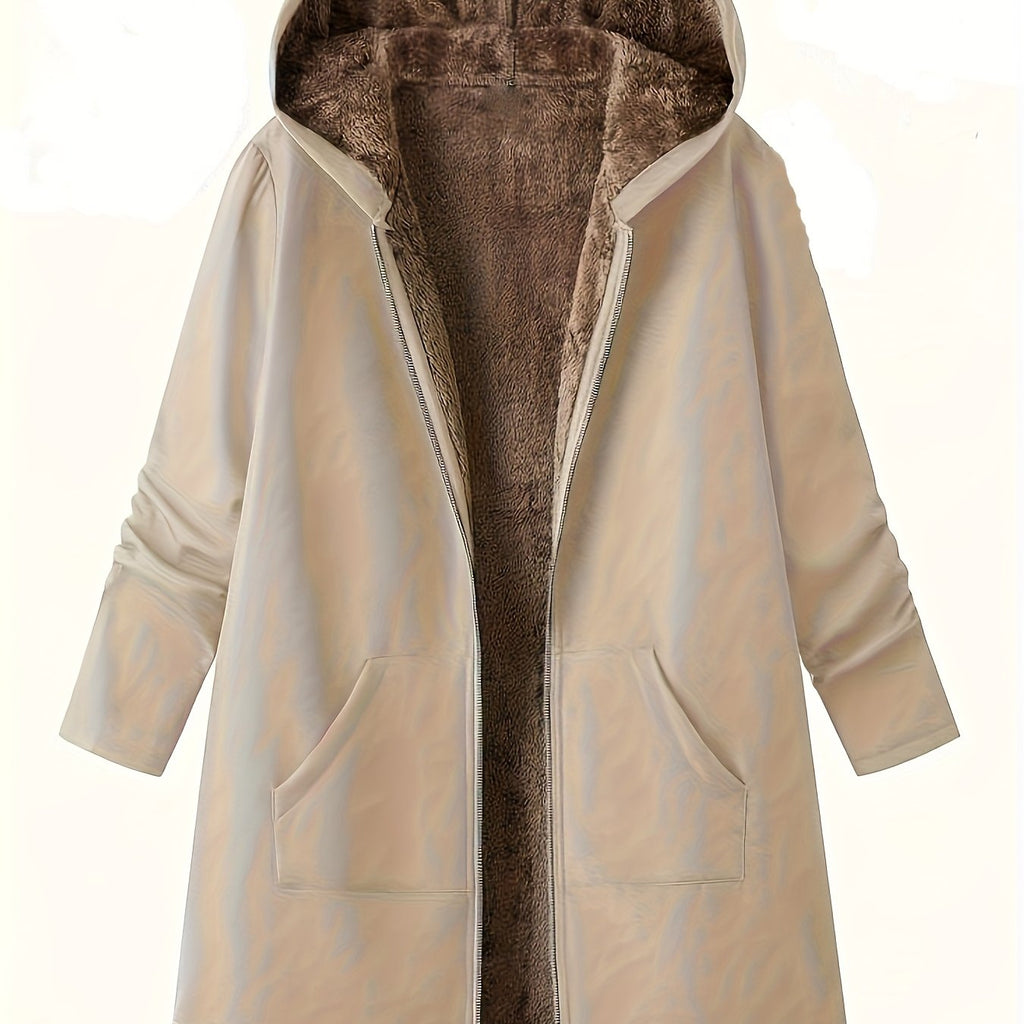 Women's Longline Zip-Front Coat with Soft Plush Hood